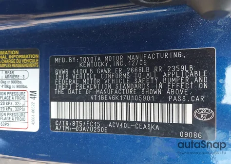 2007 Toyota Camry Se из США, поврежденный, VIN 4T1BE46K17U105901